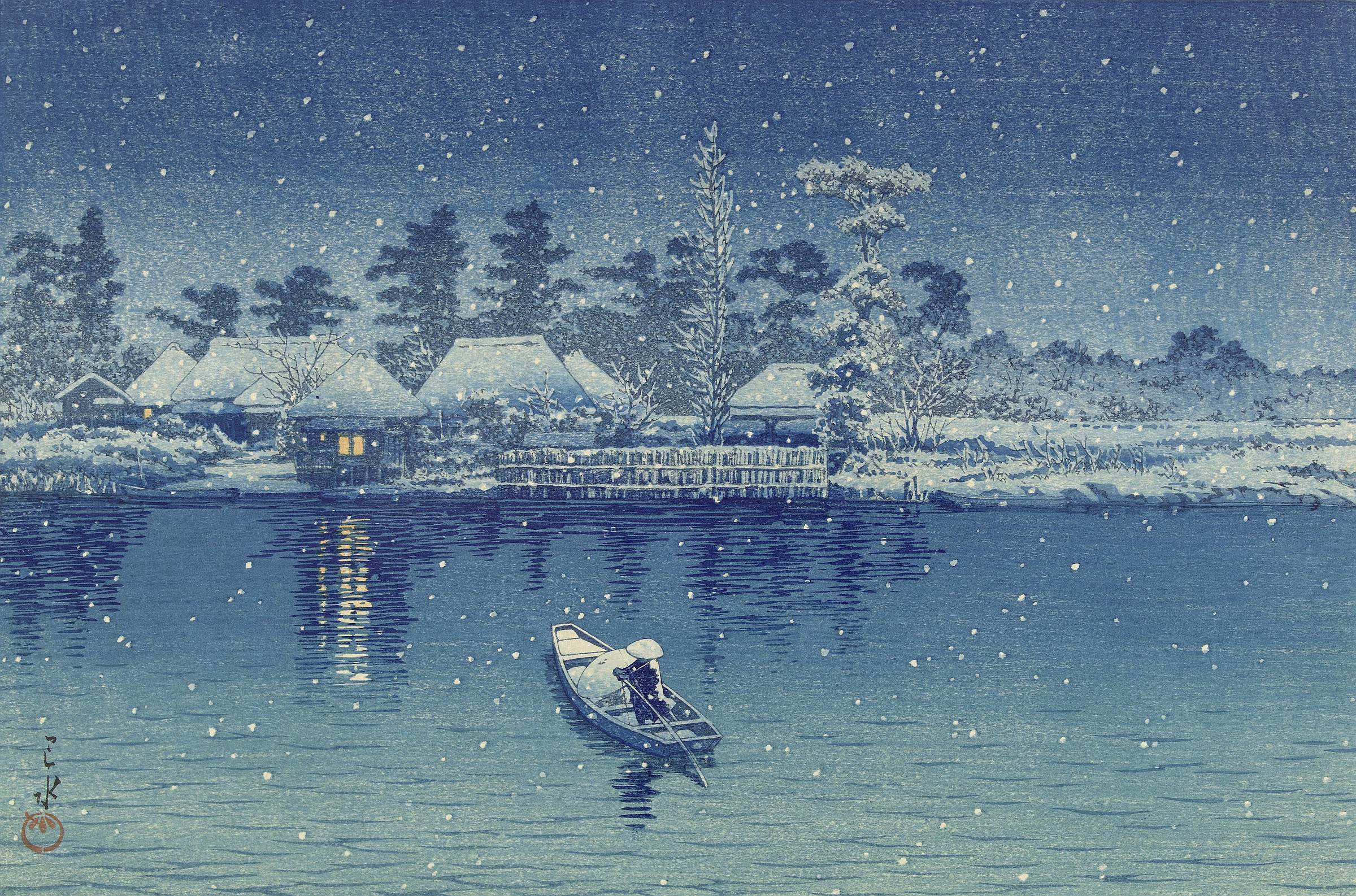 A print by nineteenth-century Japanese artist Kawase Hasui (1883–1957) called 'Ushibori' (1930). It is night time and snowing, and everything is tinged with blue. We look out across a lake. On the other side, there is a small collection of buildings, one with a lighted window reflected in the water. On the lake there is a single small boat. In the boat, one person uses a pole to propel the boat towards the lighted window, while another appears to be crouched beneath an umbrella.